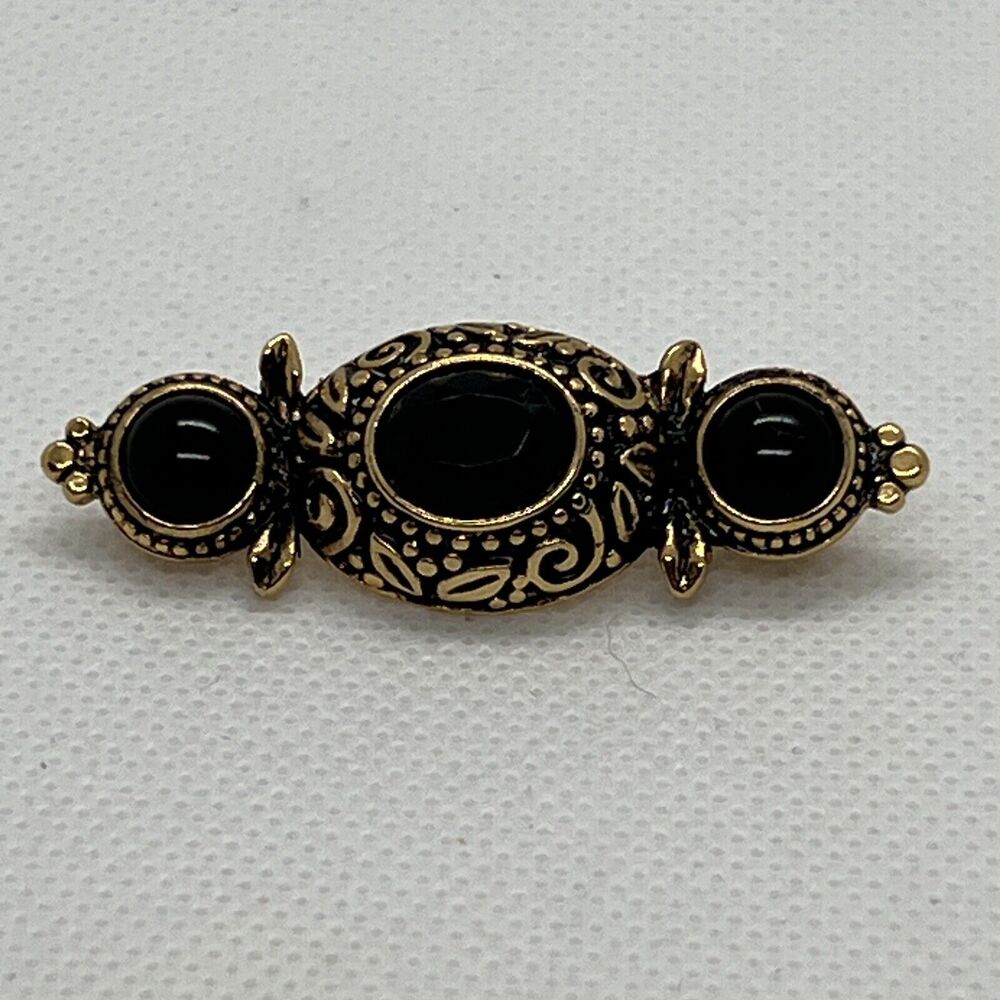 Vintage Jewelry Co Brooch Bar Pin Black Cabochon Gold Tone Scrollwork